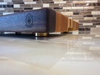 Heritage Cutting Board 18” × 12” × 1.5” — Maple, Walnut, Cherry & Purple Heart | Juice Groove + Hand Holds with brass feet
