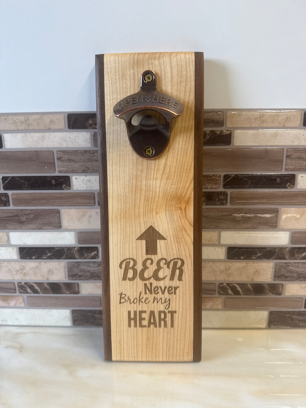 WW-Wall-Mounted Wooden Bottle Opener – 4" x 12" | Beer Never Broke My Heart