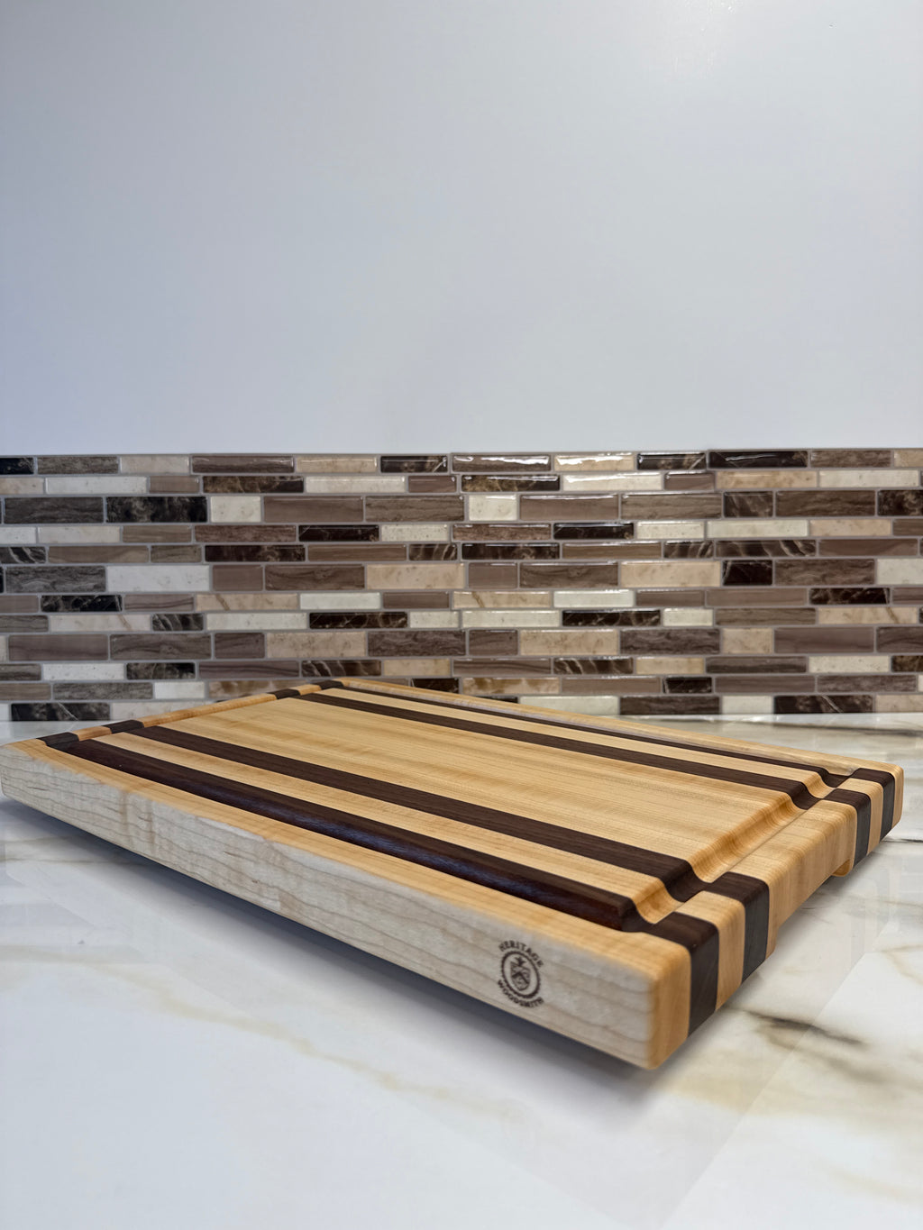 Heritage Cutting Board 18” × 12” × 1.5” — Maple, Walnut, | Juice Groove + Hand Holds and Brass feet