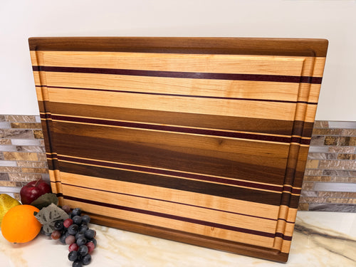 Heirloom Elite Cutting Board — Edge Grain Walnut, Maple & Purpleheart (16” × 22”)