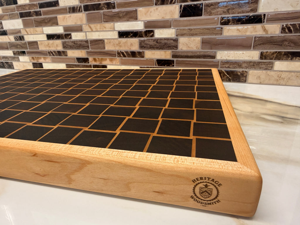 Basket Weave End-Grain Cutting Board 17 3/4” × 13 1/4” × 1.5” — Maple & Walnut with Edge Grain Trim