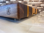 Heritage Cutting Board 18” × 12” × 1.5” — Maple, Walnut, & Yellow Heart | Juice Groove + Hand Holds with brass feet