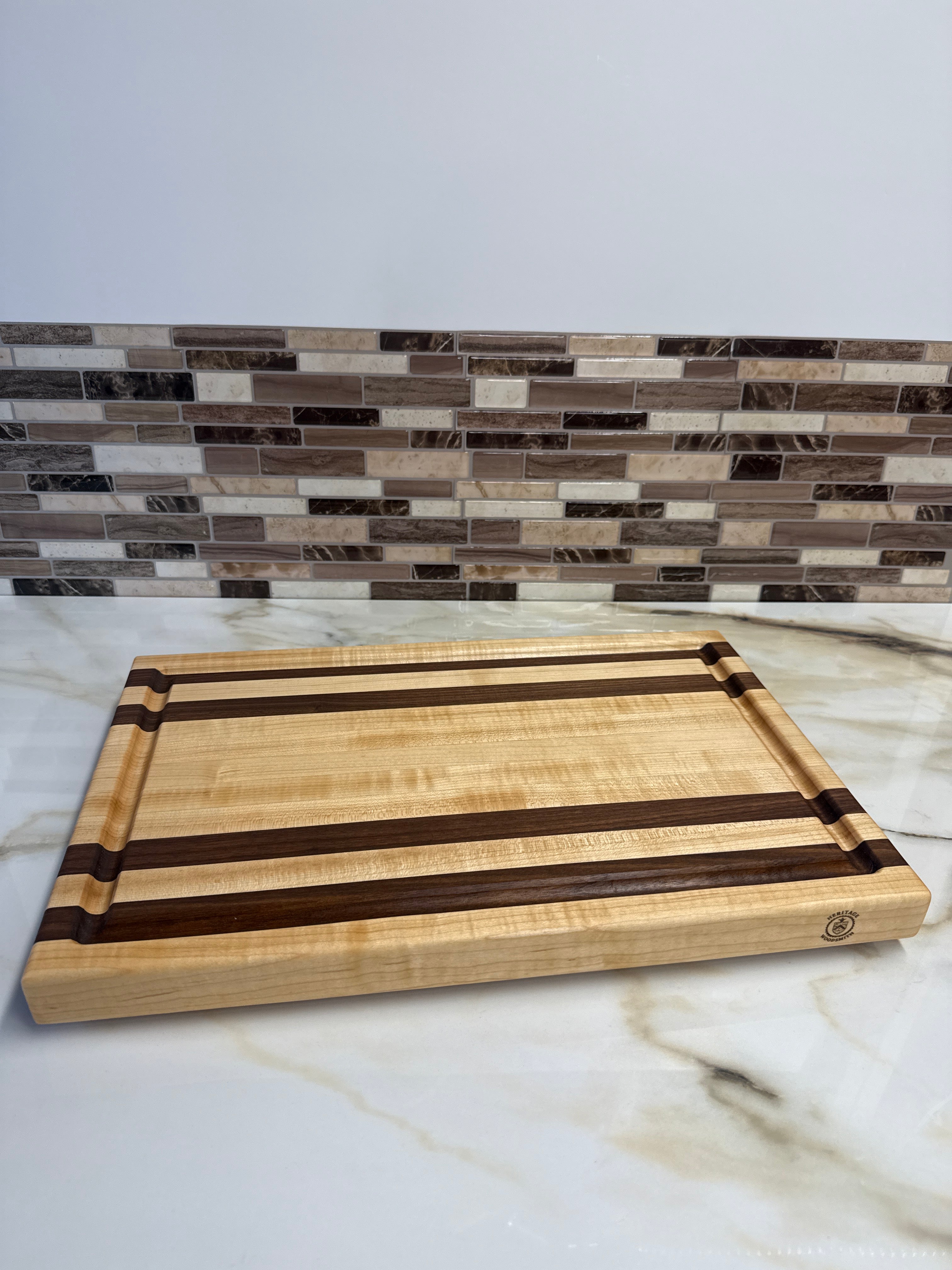 Heritage Cutting Board 18” × 12” × 1.5” — Maple, Walnut, | Juice Groove + Hand Holds and Brass feet