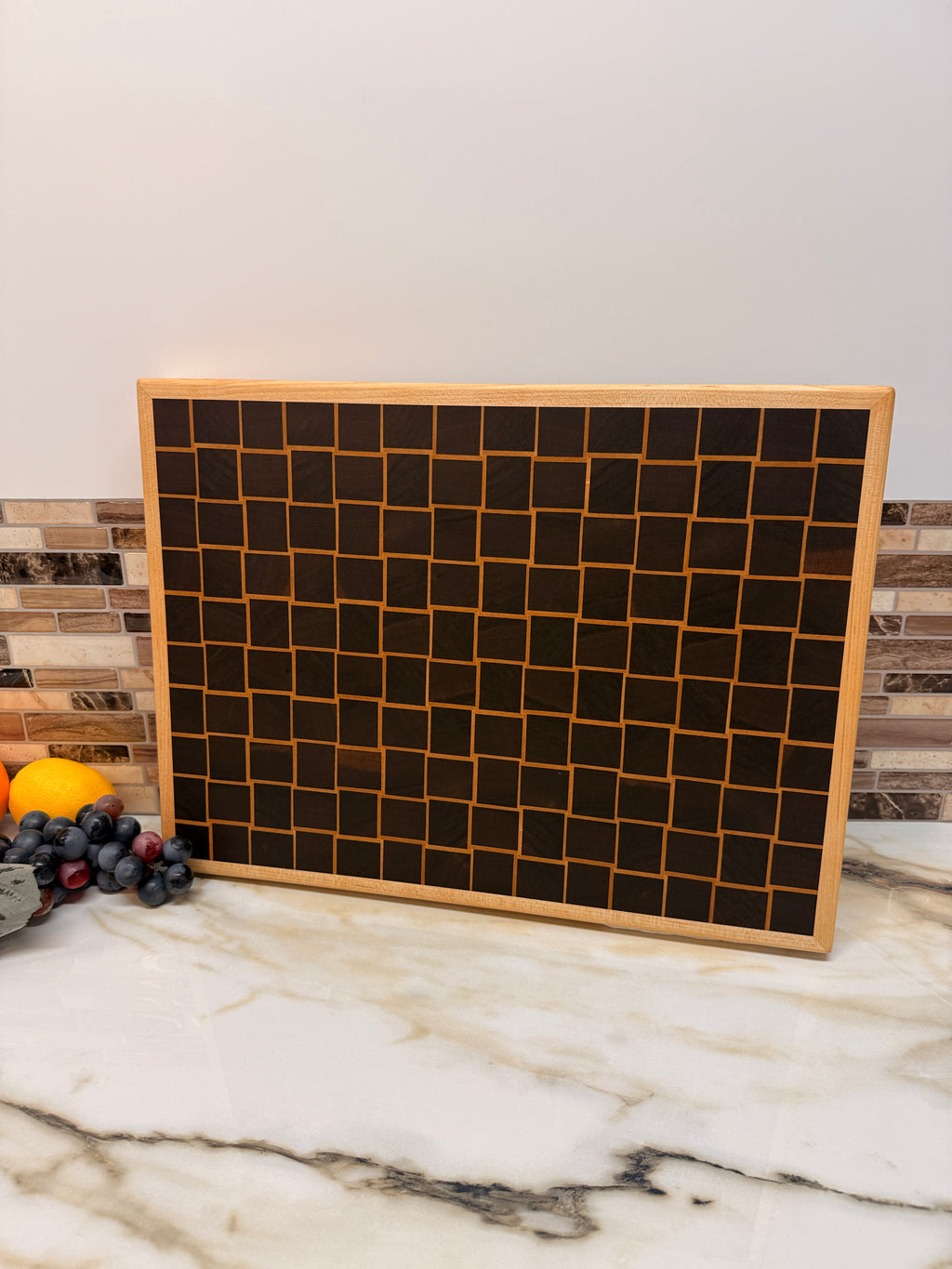 Basket Weave End-Grain Cutting Board 17 3/4” × 13 1/4” × 1.5” — Maple & Walnut with Edge Grain Trim