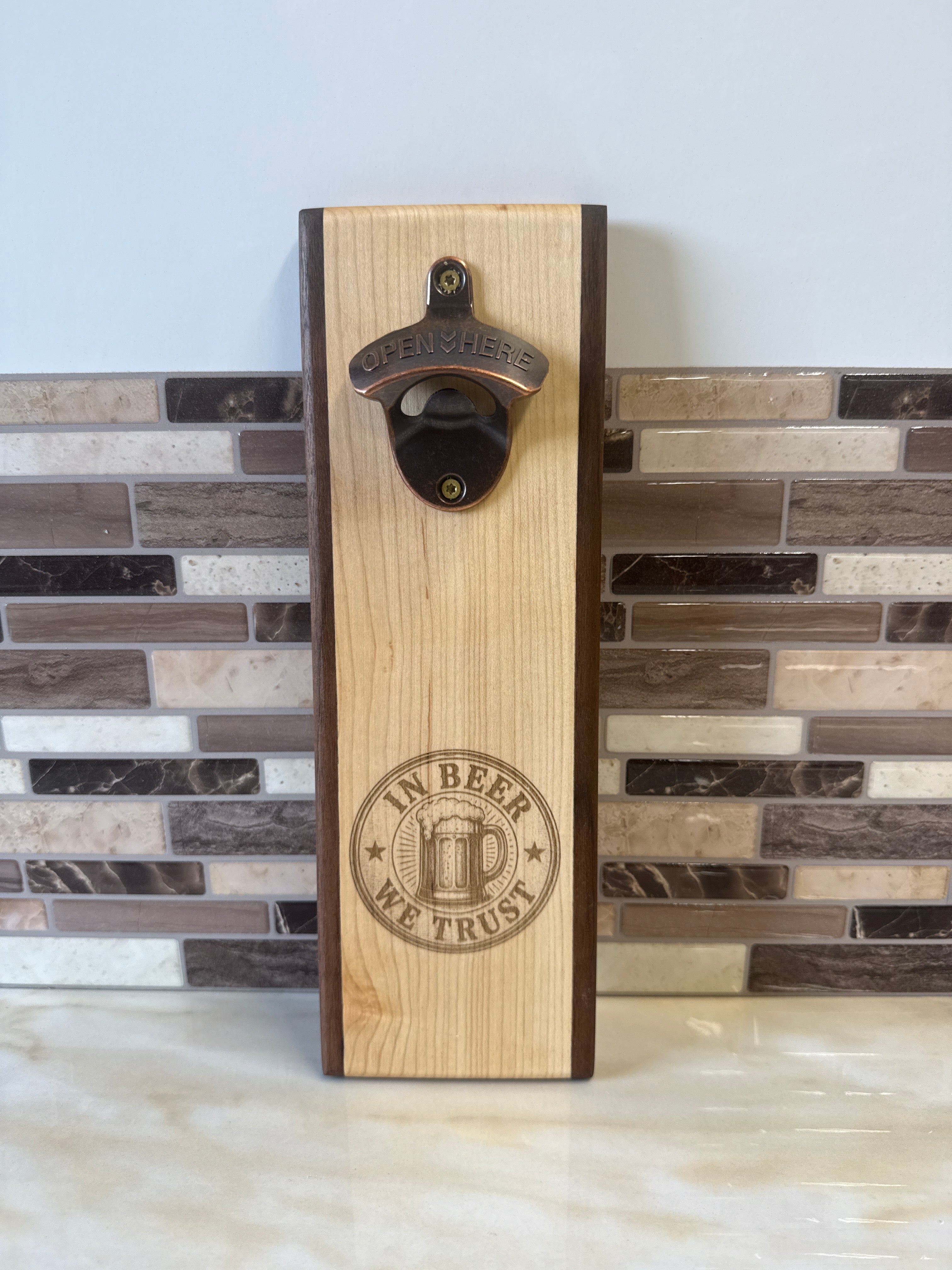 Wall-Mounted Wooden Bottle Opener – 4" x 12" | In Beer We Trust