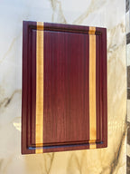 Heritage Cutting Board 18” × 12” × 1.5” — Purple Heart & Makple| Juice Groove + Hand Holds and Brass feet.