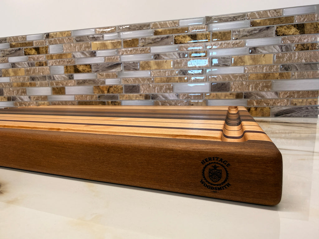 Heirloom Elite Cutting Board — Edge Grain Walnut, Maple & Purpleheart (16” × 22”)