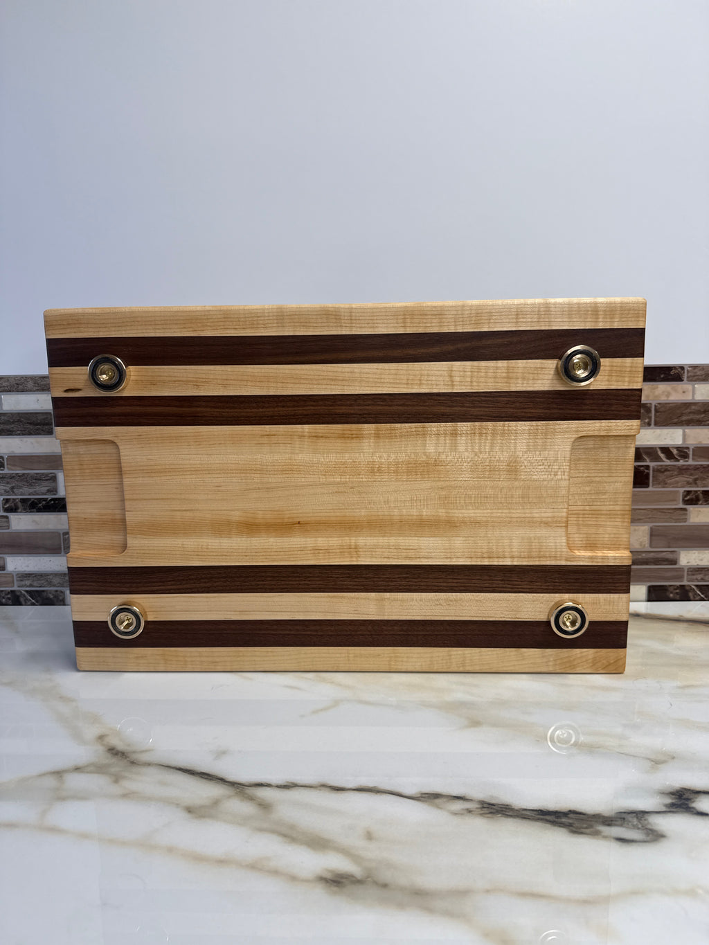 Heritage Cutting Board 18” × 12” × 1.5” — Maple, Walnut, | Juice Groove + Hand Holds and Brass feet