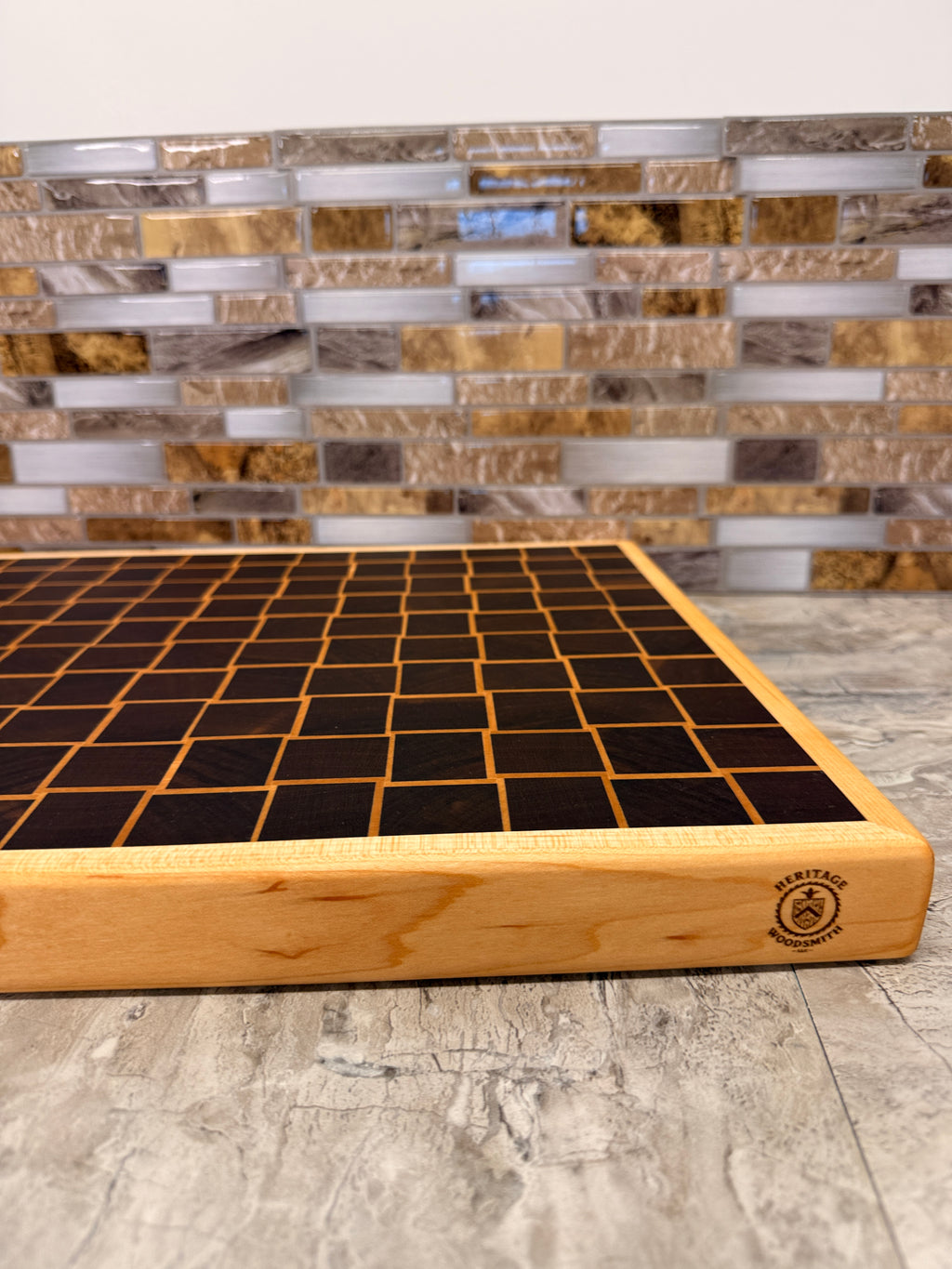 Basket Weave End-Grain Cutting Board 17 3/4” × 13 1/4” × 1.5” — Maple & Walnut with Edge Grain Trim