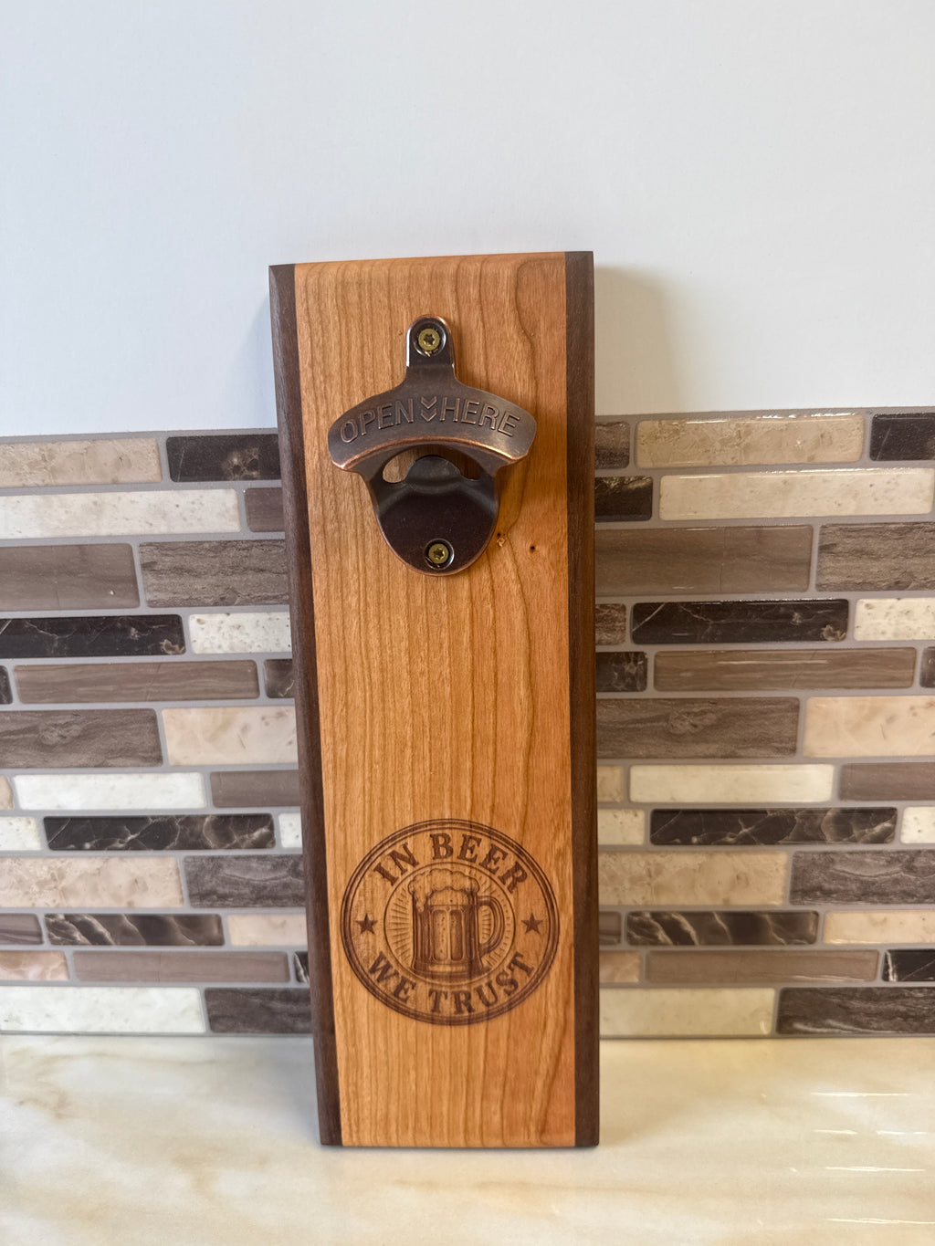 Wall-Mounted Wooden Bottle Opener – 4" x 12" | In Beer We Trust