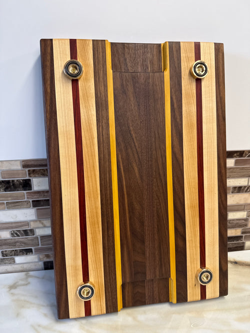 Heritage Cutting Board 18” × 12” × 1.5” — Maple, Walnut, Yellow Heart and Padauk.